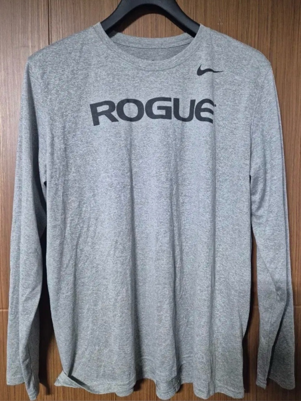 Nike Light Gray Long Sleeve 'ROGUE' Performance Shirt with Black Logo, Dri Fit